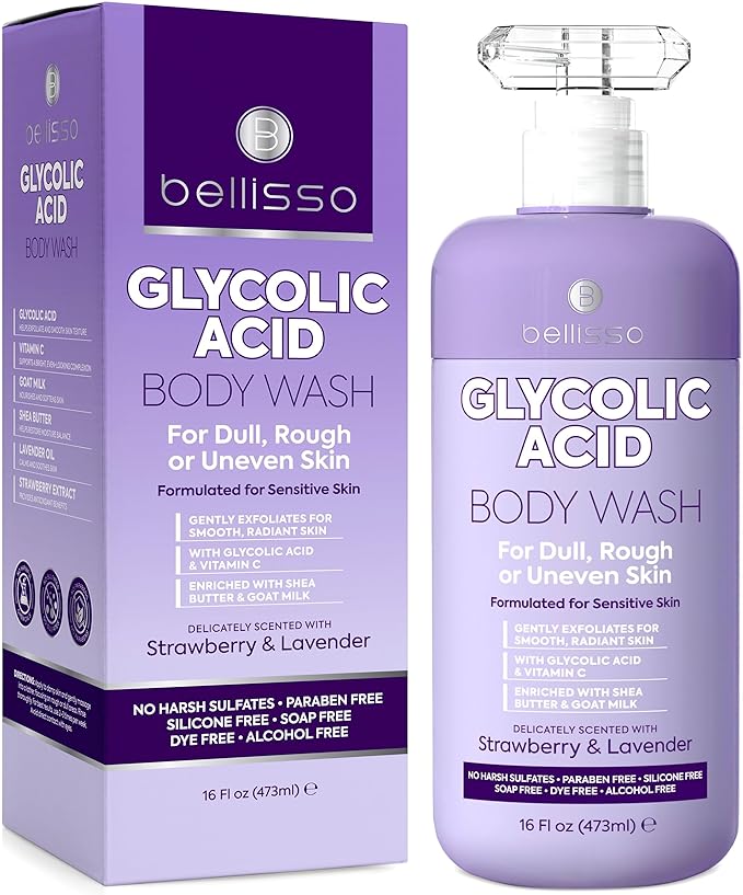 BELLISSO Glycolic Acid Body Wash - Exfoliating AHA Liquid Soap for Rough and Bumpy Skin - Gentle Exfoliant - Bump and Lump Eraser Formula - 16 Fl Oz
