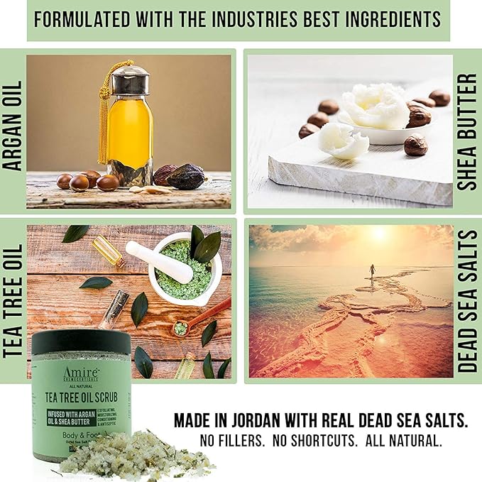Amire Tea Tree Oil Exfoliating Body and Foot Scrub with Dead Sea Salt, Great for Acne, Dandruff, Stinky Feet, Infused with Argan Oil and Shea Butter to Moisturize
