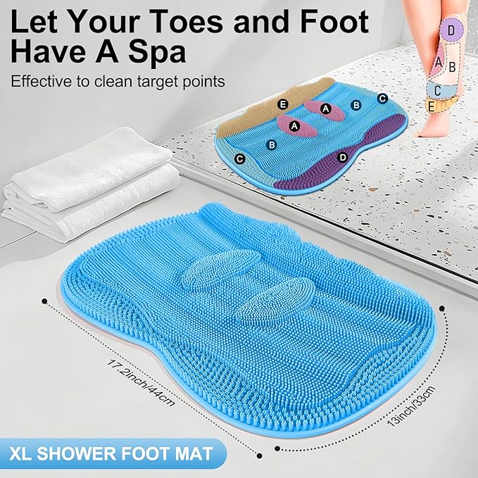 Bath Shower Foot Scrubber Mat - Silicone Shower Foot Scrubber Mat (XL) Cleaner Foot Toes Clean Pad Without Bending Non-Slip Suction Cups Bathroom mat 17.2 * 13 inch - Blue