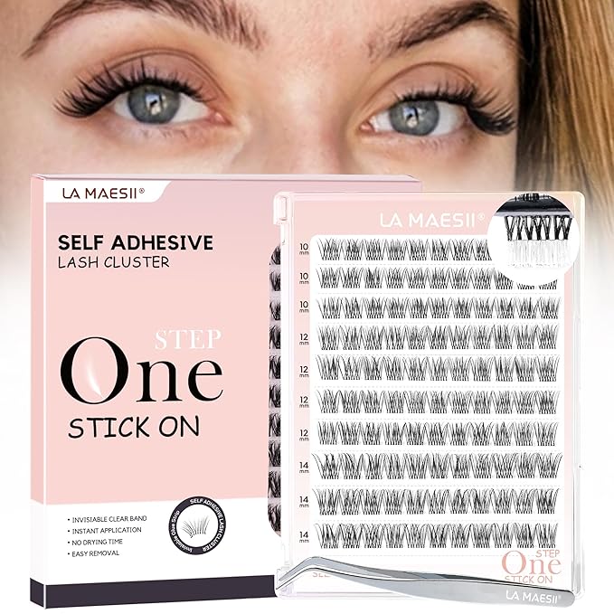 La Maesii Self Adhesive Eyelashes, No Glue Clear Band Eyelashes Natural Individual Press On Lashes,10-14mm Wispy Clear Band Self Adhesive Lash Clusters Kit with Eyelash Tweezers（Kit-133）