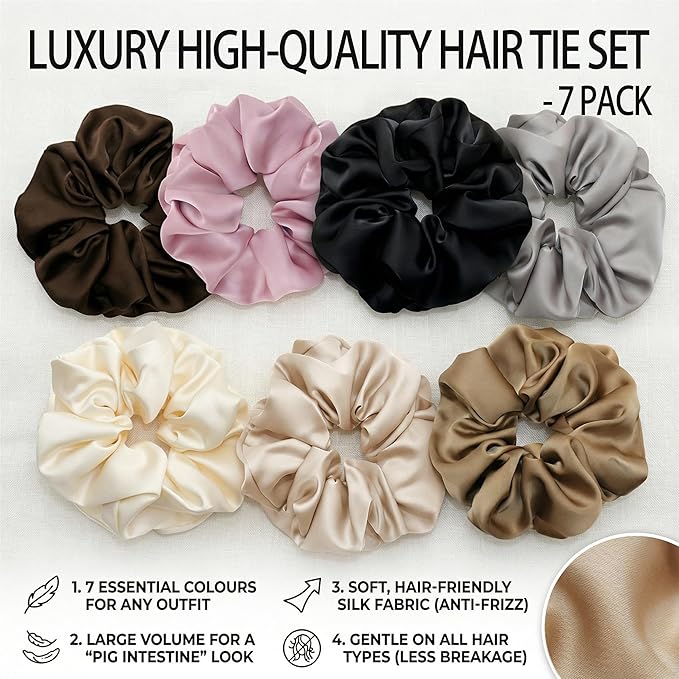 7PCS Premium Big Satin Hair Scrunchies for Women, 5 Inch Large Soft Scrunchies Hair Ties for Thick Hair, Elastic Ponytail Holders Hair Accessories for Women, Neutral