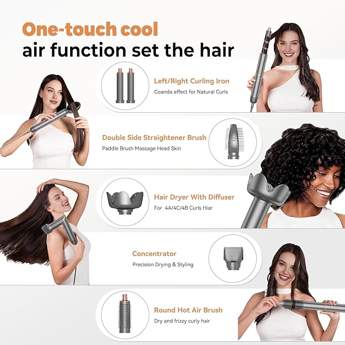 6 in 1 Hair Dryer Brush & Air Styler, Foldable High Speed Negative Ionic Hair Care Blow Dryer with Auto-Wrap Curlers, Hair Brush Blow Dryer Salon at Home, Straight, Dry,Curl, Travel Bag 110-120V