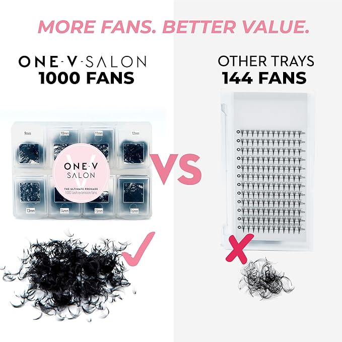 One V Salon, 1000 Loose Professional Use Premade Fans Eyelash Extensions, C Curl Volume Lashes, 10D 14D 20D-0.05 Thickness, 9-16mm Fluffy Handmade Fan Mixed Tray