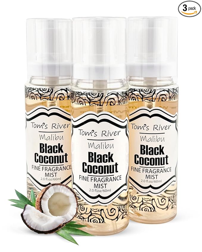 Tom's River Fine Fragrance Body & Hair Mist | Black Coconut Scented (Pack of 3) | For Daily Use | Travel-Friendly | 2 fl oz/ 60ml per Bottle (Pack of 3, Black Coconut)