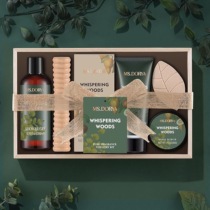 Birthday Spa Gift Set for Her - 6Pcs Bath and Body Kit with Shower Gel, Body Lotion, Bath Salt, Scrub, Massage Stick - Whispering Woods Spa Basket for Women Mom Wife Girlfriend