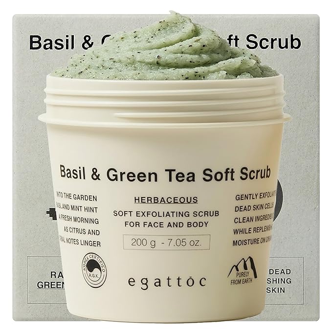 Foaming Body Scrub for Oily Skin, Basil & Green Tea Whipped Sugar Scrub with AHA BHA PHA, 2-in-1 Face & Body Wash Exfoliator, Soothing Oatmeal, Green Citrus Scent, 7.05 oz