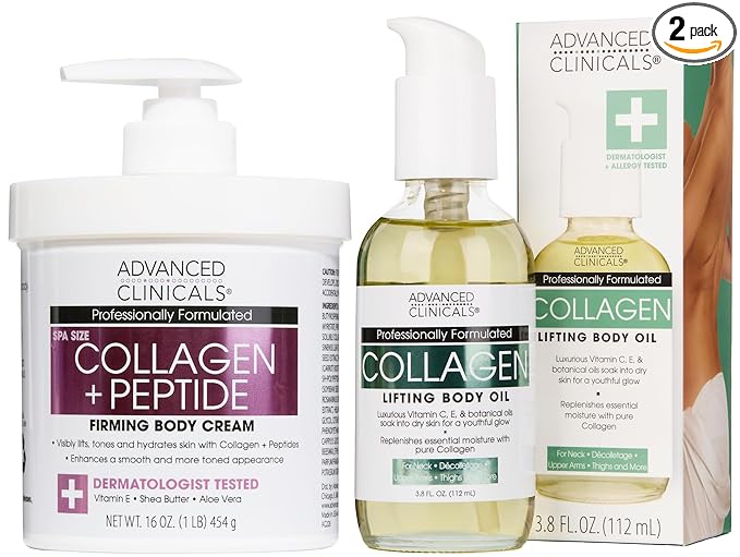 Advanced Clinicals Collagen Peptides Firming Body Lotion Face Cream + Collagen Body Oil Moisturizer 2PC Skin Care Set For Women & Men | Skin Tightening Dry Skin Moisturizing Cream & Massage Oil, 2PC