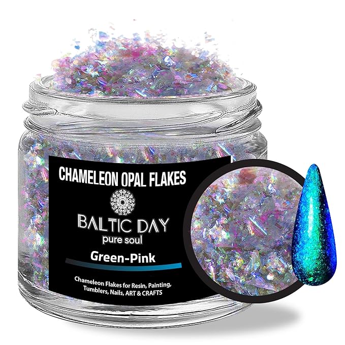 BALTIC DAY Chameleon Opal Flakes [Green/Pink] – Color Shift Mica Pigment Powder for Epoxy Resin, Tumblers, Nail Art, Eyeshadow, Makeup, Molds, and More – Chrome Color Shift Powder