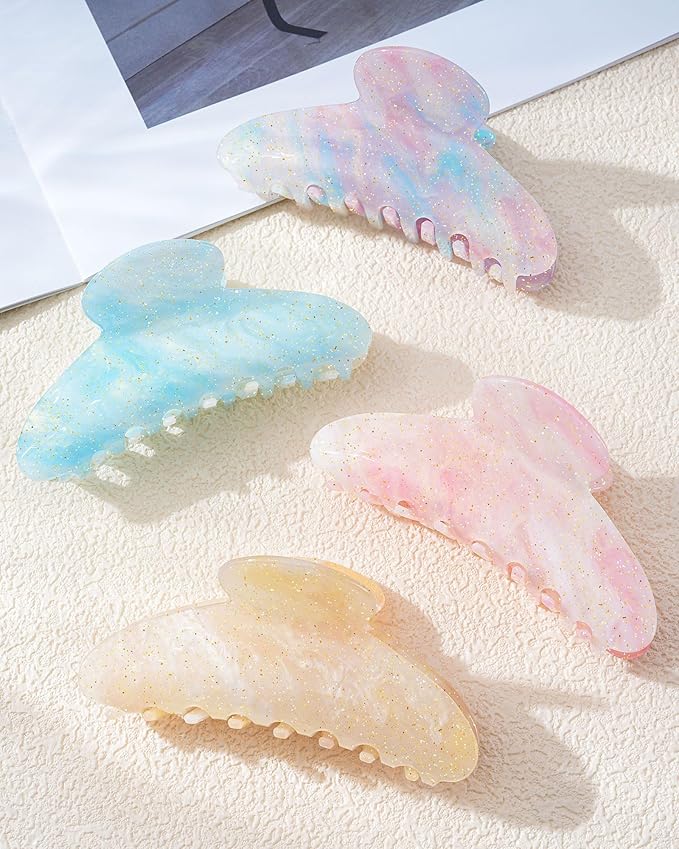 Mesovor 4 Pack Acrylic Hair Clips Claws, Nonslip 4.1" Large Hair Grip Hairclips for Thin and Thick | French Banana Barrettes Hair Strong Hold Hair Jaw Clamps (Light Blue, Orange, Light Pink, Purple)