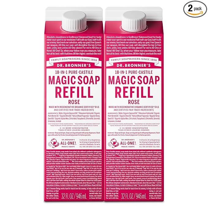 Dr. Bronner's Magic Soap-Pure-Castile Liquid Soap Refill (Rose 32 ounce, 2-Pack)-Regenerative Organic Certified Oils, For Body, Hair, Laundry, Pets & Dishes, Concentrated, Vegan, Non-GMO