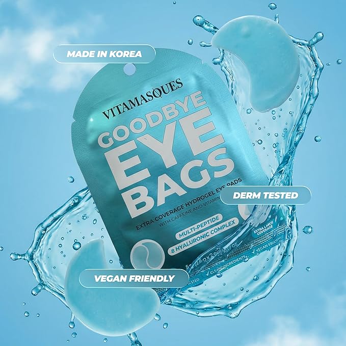 Vitamasques Goodbye Eye Bags XL Under Eye Patches - Caffeine Collagen Eye Mask for Dark Circles & Puffiness, Brightening Korean Eye Patches - 3 Pairs Hydrating Ultra cooling Hydrogel Pads
