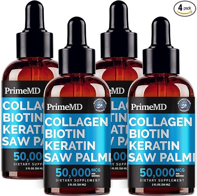 Liquid Collagen Peptides for Women - Serum Complex with Biotin Vitamin, Hydrolyzed Keratin Protein and Saw Palmetto - Comprehensive Formula for Hair, Skin, and Nails Wellness - 2fl oz (Pack of 4)