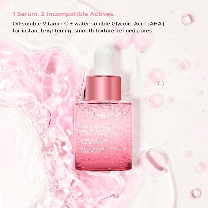 Clarins Multi-Active Brightening Glow Serum with Vitamin C + AHA | Visibly Brightens, Evens Tone, Smooths Texture + Refines Pores* | All Skin Types | 1 Fluid Ounce