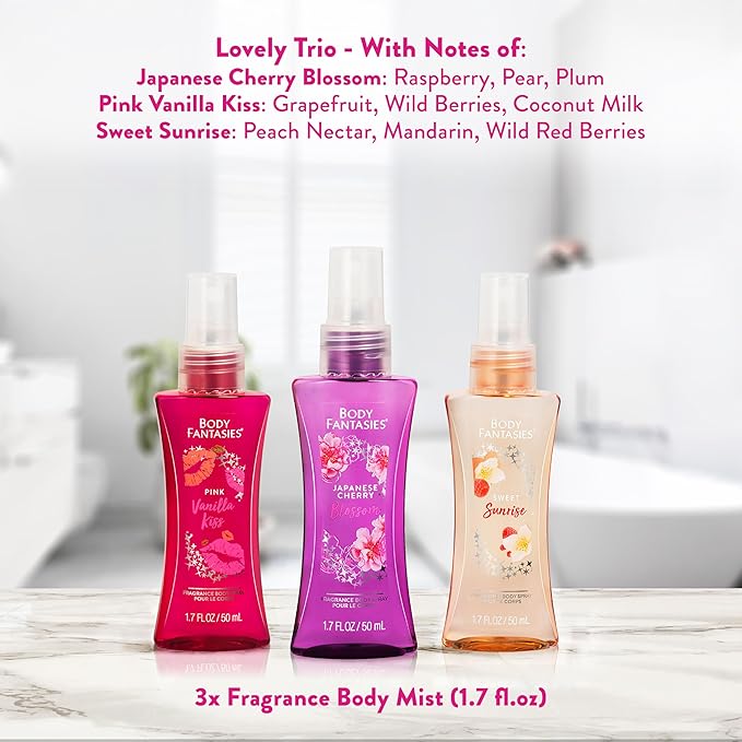 Body Fantasies Body Spray Holiday Gift Set for Her - 3 Piece Lovely Scents Sampler, Perfect for Stocking Stuffers