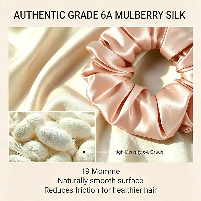 ZLYC 100% Mulberry Silk Scrunchie 19 Momme Gentle Creaseless Hair Tie for Women Dent-Free Ponytail Holder, 3.5cm Solid Light Orange