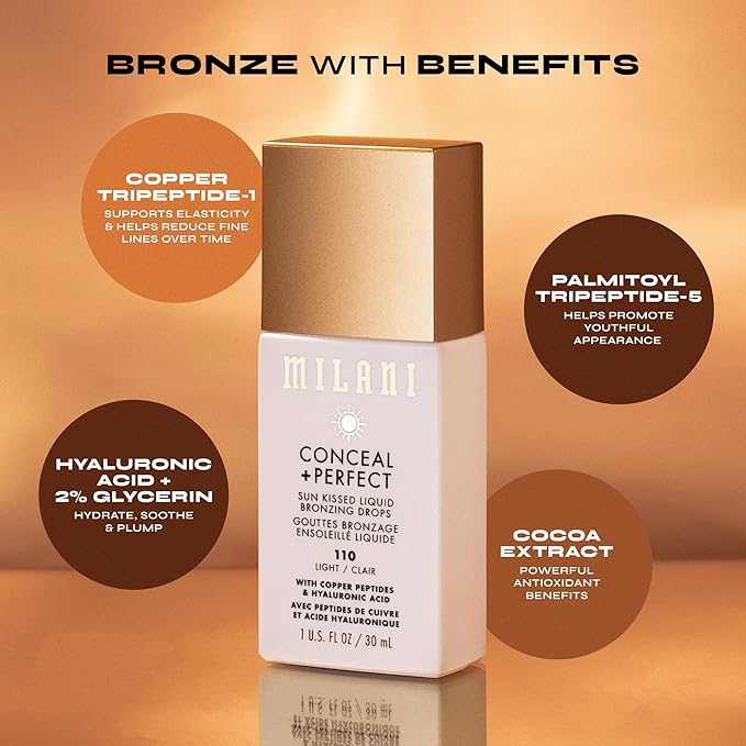 Milani Bronzer- Sun Kiss Bronzing Drops, Conceal + Perfect Liquid Bronzer for Sheer, Weightless Coverage & Hydration enriched with Peptides & Tripeptides - Light