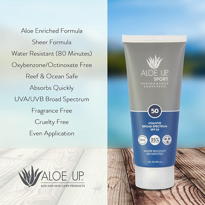 Aloe Up Sport Sunscreen Body Lotion SPF 50 – Broad Spectrum Sunblock With Aloe Vera Gel – Non-Greasy,Skin Sun Protection,No White Cast – Reef Friendly – Water Resistant 80 Minutes–Fragrance-Free–3 Oz