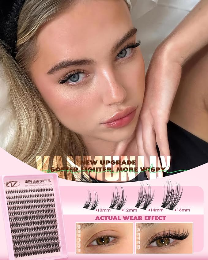Wispy Natural Lash Clusters Kit Double Spiky Eyelash Clusters Kit Manga Cluster Eyelash Extensions Kit 10-16mm Lash Extensions Kit C Curly Individual Lashes DIY Eyelashes Clusters Kit with Brush
