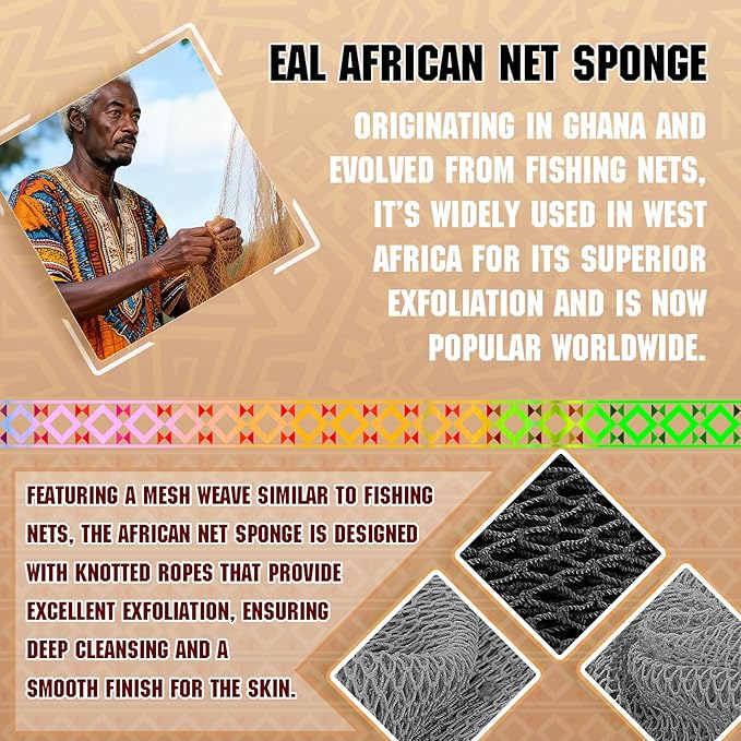 Real African Net Sponge - 2 Pieces Premium Body Exfoliator - Gentle Scrub for Dry/Sensitive Skin - Durable & Easy Rinse Shower Essential (Black Gray)