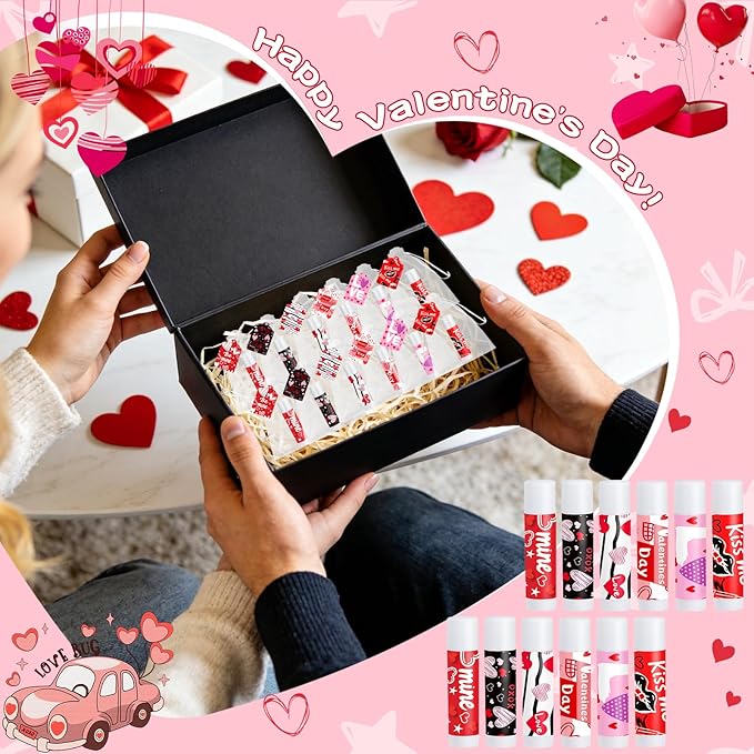 50 Set Valentines Party Favors Galentines Day Gifts Valentine Lip Balms Gloss Bulk for Women 6 Assorted Flavors Chapstick with Organza Bags and Cards for Wedding Bridal Shower Birthday