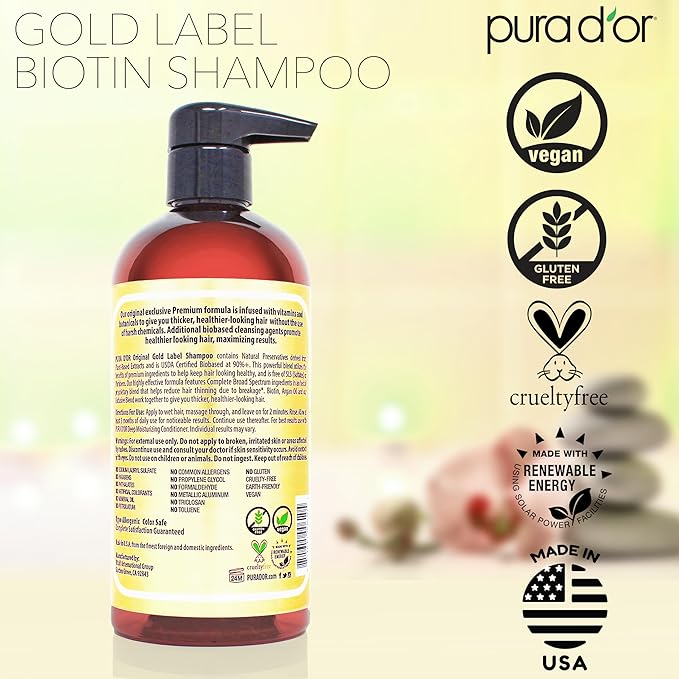 PURA D'OR Original Gold Label Anti-Thinning Shampoo - CLINICALLY TESTED – Natural Earthy Scent - Biotin & Argan Oil – Sulfate-Free Strengthening & Volumizing for Fuller-Looking Hair, Men & Women 16 oz