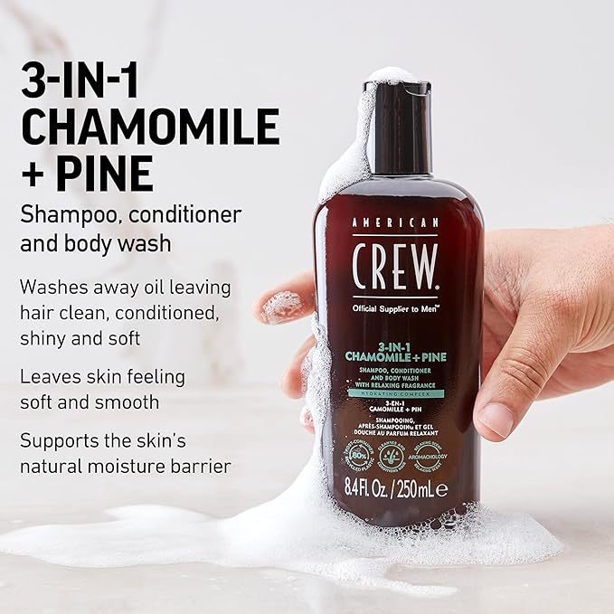AMERICAN CREW 3-in-1 Chamomile & Pine, Shampoo, Conditioner & Body Wash for Men, All-in-One Care with Calming and Relaxing Fragrance, 33.8 fl oz