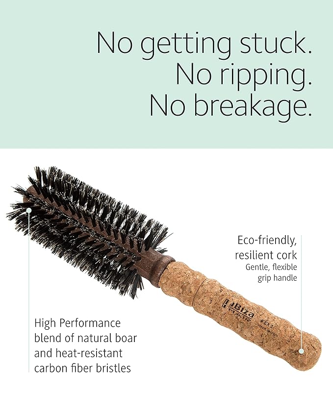 Ibiza Hair Round Boar Bristle Brush (EX3-55mm) | Lightweight with Reinforced Bristles & Cork Handle | Ideal for Beachy Waves & Curls | Adds Texture & Shine for Medium to Long Styles