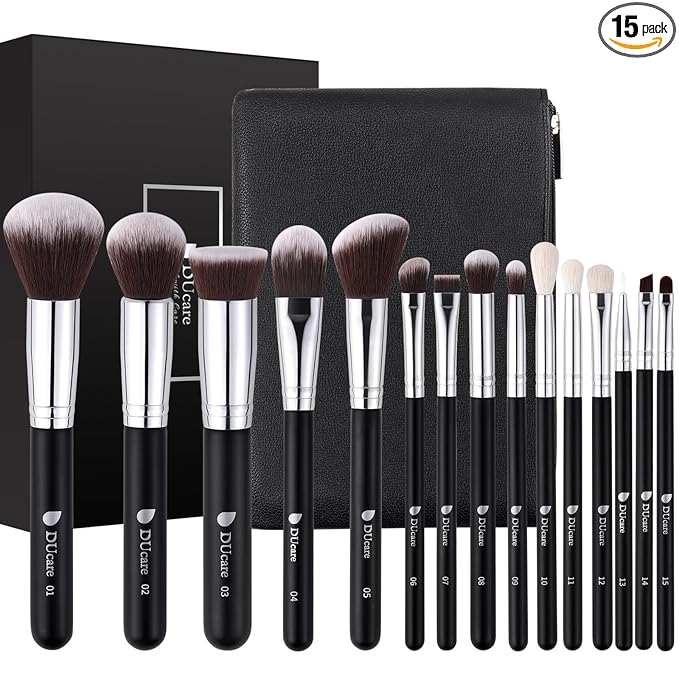 DUcare Makeup Brushes with Travel Bag 15Pcs Makeup Brush Set Kabuki Foundation Blending Blush Eyeliner Shadow Brow Concealer Brushes Kit