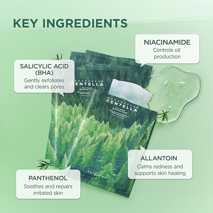 SKIN1004 Madagascar Centella Tea-Trica Relaxing Mask, Face Mask Skincare for Oily & Blemish Prone Skin, Soothing & Calming Relief Care for Sebum & Impurities, Korean Skin Care, 0.81 fl oz / 24ml * 5ea