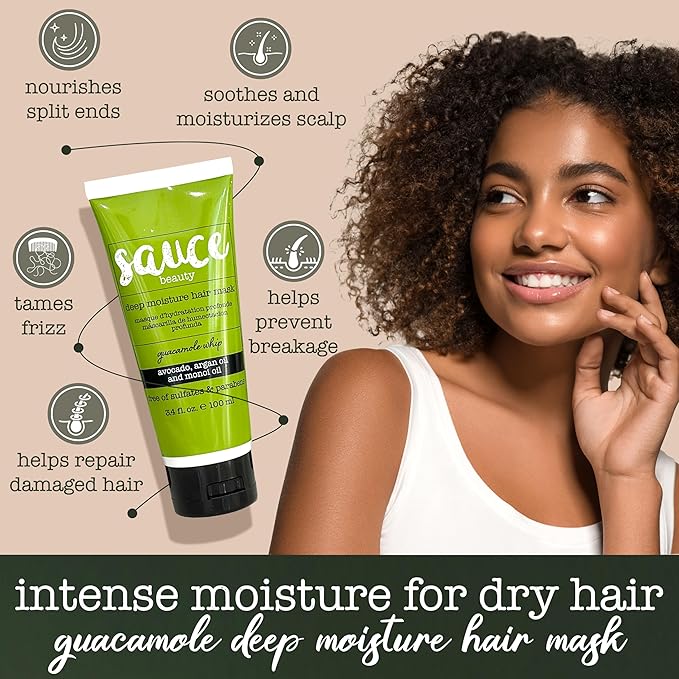 SAUCE Deep Conditioning Hair Mask for Dry Damaged Hair, Guacamole Whip (3.4 Fl Oz) Frizz Control with Avocado, Jarrah Honey, Monoi & Argan Oil, All Hair Types, Paraben & Sulfate-Free