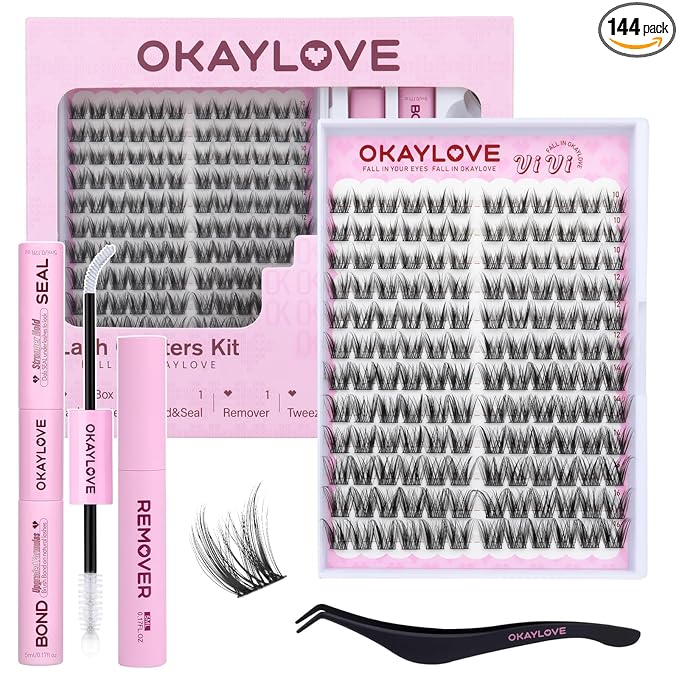 OKAYLOVE Wispy Lash Clusters Kit, VIVI 10-16mm Natural Cluster Eyelash Extension Kit, 144pcs CC Curl DIY Individual Lashes Black Band Natural Look Eyelashes with Bond and Seal, Remover, Tweezers