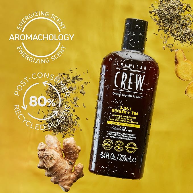 AMERICAN CREW 3-in-1 Ginger & Tea, Shampoo, Conditioner & Body Wash for Men, All-in-One Care with Revitalizing and Refreshing Fragrance, 33.8 fl oz