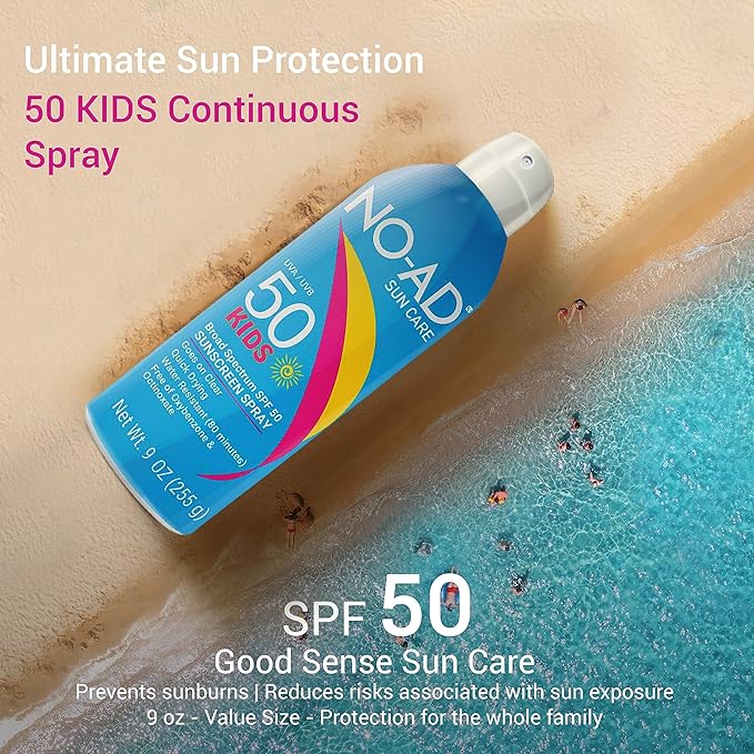NO-AD KIDS SPF 50 Sunscreen Spray | Non-Greasy, Waterproof and Non toxic Sunscreen | Suitable for All Skin Types | Broad Spectrum Protection for Active Lifestyles | 9 oz | Pack of 2