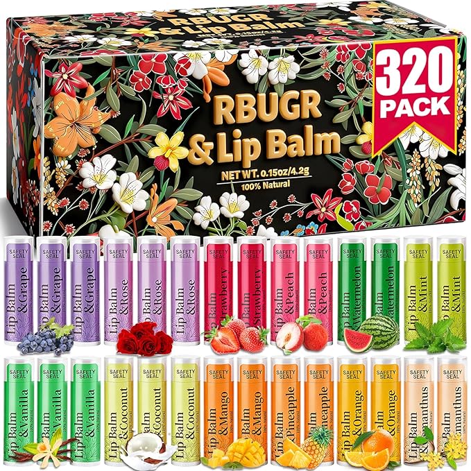 RBUGR 320 Pcs Lip Balm Bulk- Natural Moisturising Organic Set for Cracked Lips, 12-Flavored Professional Pack Bulk Gifts Valentine Party Favors (4.2g/0.15oz)