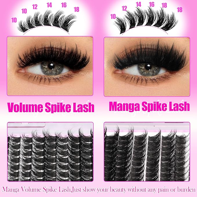 YIDUO Spikes Lash Clusters Kit 406Pcs Volume Manga Cluster Eyelash Extensions Kit 10-18mm Wispy Lashes Clusters wide band Anime Individual Lash Cluster with Lash Glue Easy to Use for Beginners