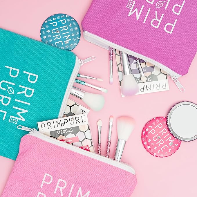 Prim and Pure Kids Makeup Gift Set - Stencil, Makeup Eyeshadow Bioglitter Lip Gloss and Cosmetic Bag Mirror Makeup Brush Accessories (Unicorn Pink)