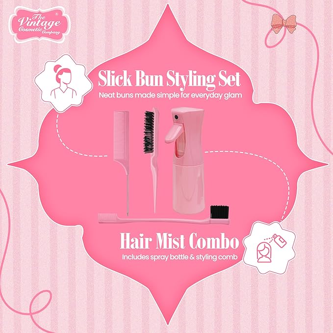 The Vintage Cosmetic Company Slick Bun Hair Misting Set for Women and Girls, Refillable Spray Bottle & Comb for Effortless Hair Styling and Refresh