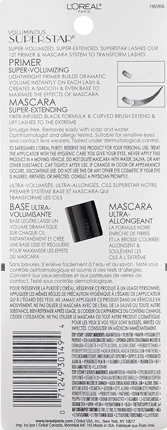 L'Oreal Paris Cosmetics Voluminous Superstar Mascara, Washable, Blackest Black, 0.41 Fl. Oz, 1 Count (Pack of 2)