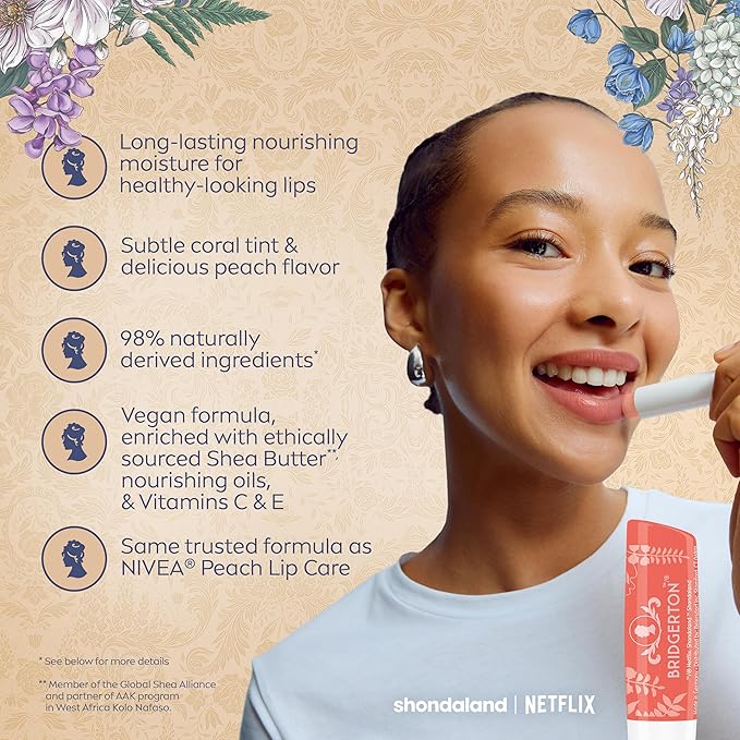 NIVEA Lip Care, Bridgerton Limited Edition Lip Balms with Shea Butter, Blackberry Pie, Peach Tea, Rose Meringue, Vanilla Biscuit, Mothers Day Gifts, Four 0.17 Oz Sticks