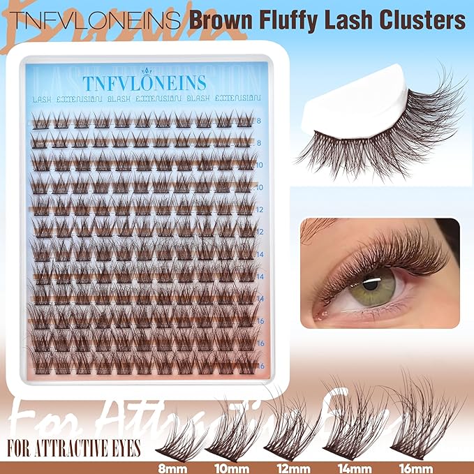 Brown Lash Clusters Kit Natural Eyelash Clusters Fluffy Lash Extension Kit Wispy Eyelash Extension Kit Matte Brown Cluster Eyelash Extensions 8-16mm Individual Lashes Clusters by TNFVLONEINS