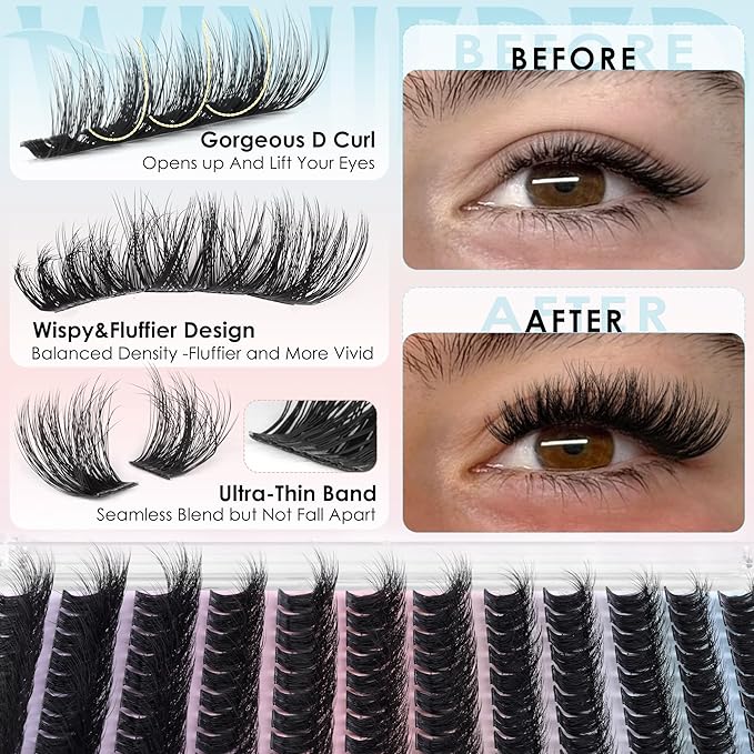 Winifred Natural Fluffy Lash Clusters Kit 3D Wispy Eyelash Clusters Light Volume Eyelashes DIY Lash Clusters 10-16mm Lash Extension Kit D Curve Hyrid Lashes With Lash Bond and Seal,Lash Tweezers