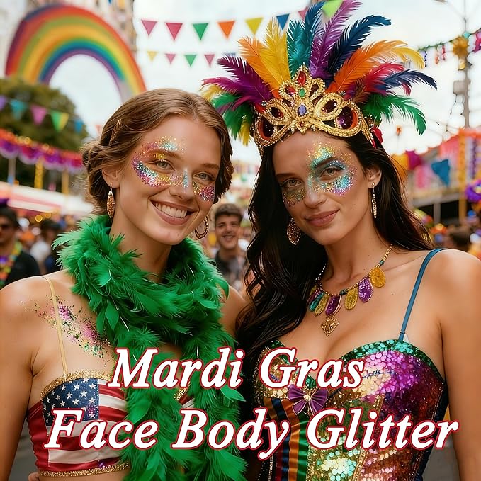 AROIC 40 Colors Body Glitter, Mardi Gras Accessories Hair Glitter for Kids Women Glow in The Dark, Eyeshadow Face Sparkles, Makeup Festivals, Raves, Cosplay, Concerts Face Paint St Patricks Day Gifts