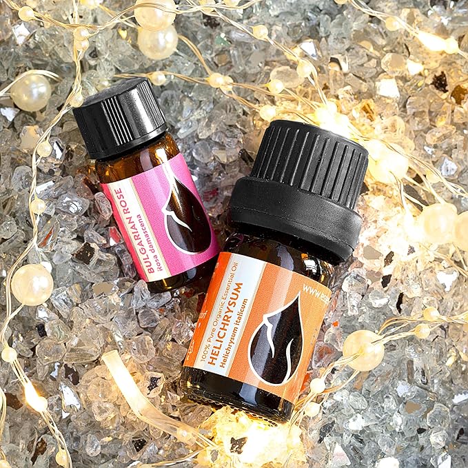 Set Luxury Organic Essential Oils | Helichrysum (5ml) + Rose (3ml) | 100% Pure and Natural | Undiluted | Therapeutic Grade | Family-Owned Farm | Steam-Distilled | Non-GMO | 2 pcs
