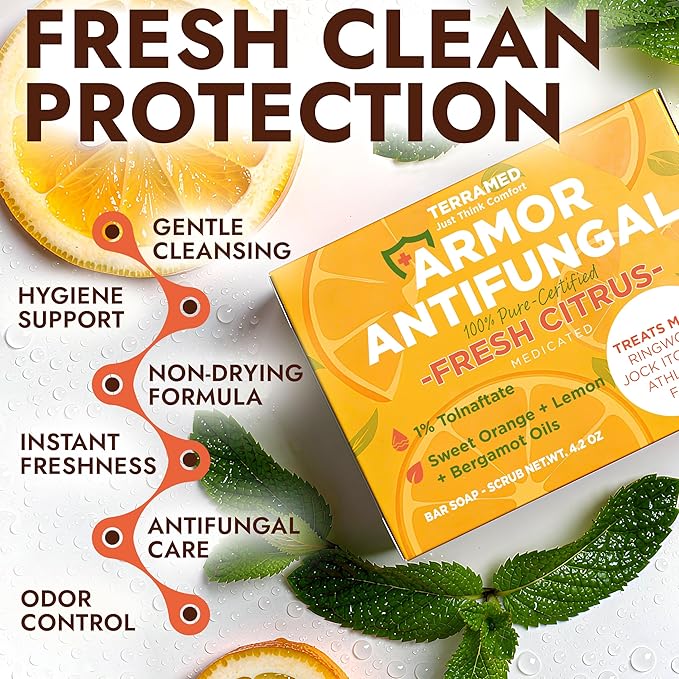 Antifungal Soap with Lemon Oil | Medicated Jock Itch Treatment Helps Fight Ringworm & Athlete’s Foot | Tolnaftate 1% Antifungal Cleansing Bars with Scrubber Infused with Sweet Orange & Grapefruit Oil