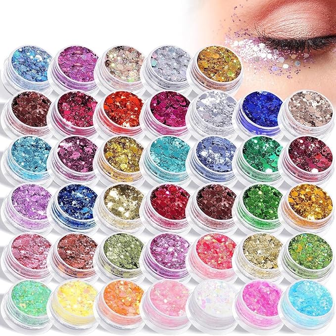 AROIC 40 Colors Body Glitter, Mardi Gras Accessories Hair Glitter for Kids Women Glow in The Dark, Eyeshadow Face Sparkles, Makeup Festivals, Raves, Cosplay, Concerts Face Paint St Patricks Day Gifts