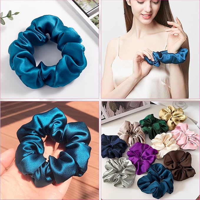 SALE 100% Pure Mulberry Silk Hair Scrunchies16 Momme silk scrunchies 100% Silk Hair Scrunchies Silk Hair Ties for Women Girls Curly Thick Thin Hair Women's Black Satin Sleep (1, 09 blue)