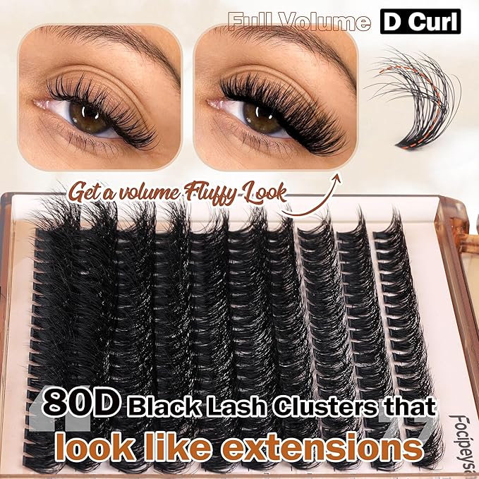Focipeysa Eyelash Extension Kit, 200pcs 80D Mink Fur False Eyelashes, 10-18mm DIY Lash Clusters, Matte Black, Vegan, Cruelty Free, Includes Lash Bond & Remover, Tweezers