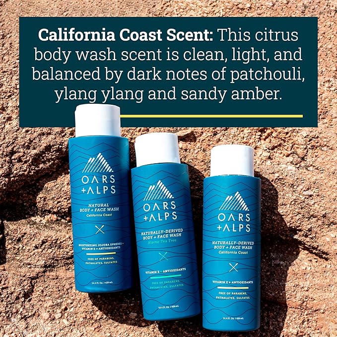 Oars + Alps Body Wash for Men, Mens Body Wash & Face Cleanser with Vitamin E & Antioxidants, Moisturizing, Paraben & Sulfate Free Cleanser, California Coast, 3pk