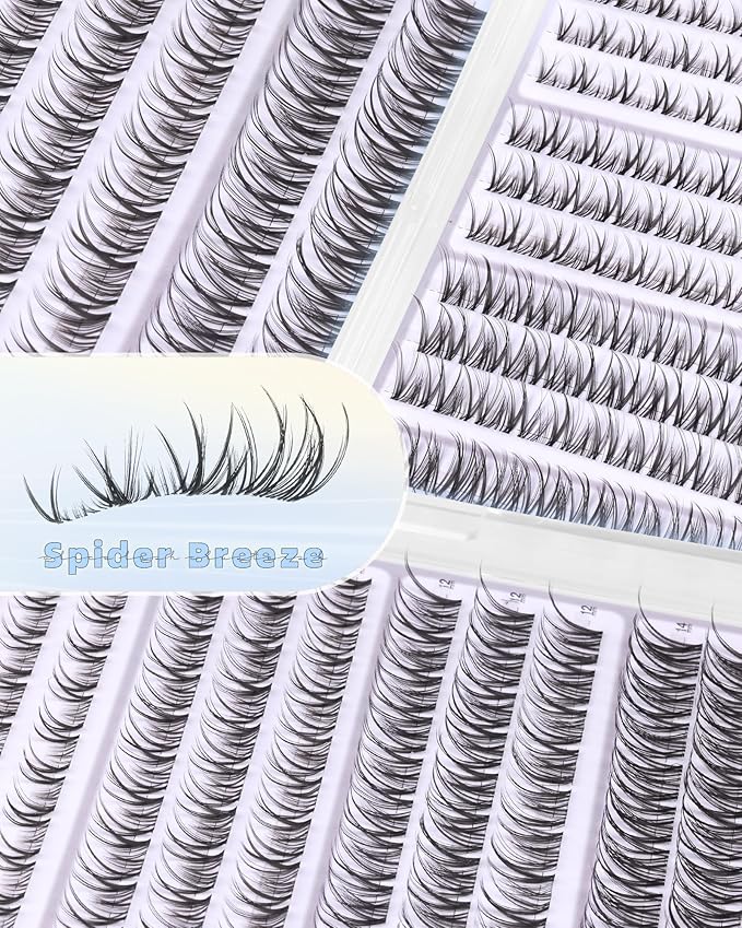 Spider Lash Clusters Kit Wispy Eyelash Clusters Kit Natural Cluster Eyelash Extension Kit CC-Curly 8mm-14mm Invisible Band Individual Lashes with White Bond and Seal DIY at Home