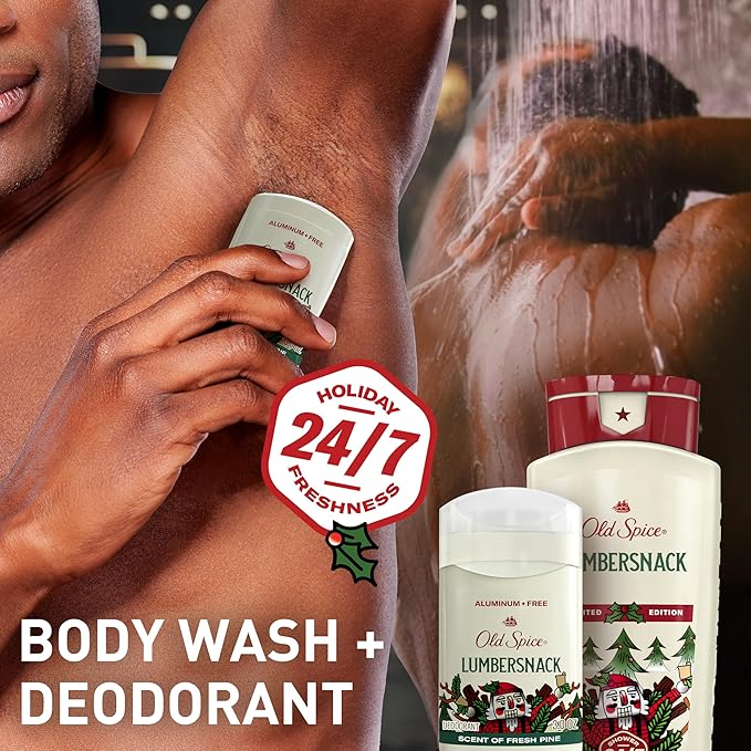Old Spice Body Wash for Men, Holidudes Holiday Edition, 24/7 Holiday Freshness, Lasting Scent and Rich Lather, Stocking Stuffer, Lumbersnack with Fresh Pine Scent, 16 oz (Pack of 4)